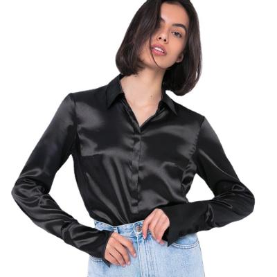 China Anti-pilling Women's Satin Lapel Long Sleeve Shirt Fashion Design Slim Satin Shirt for sale