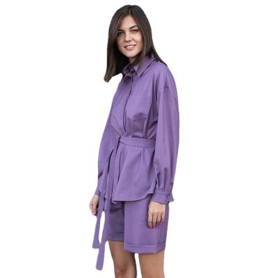 China Anti-pilling New 2022 spring long sleeve waist casual shirt set simple purple long sleeve shorts women for sale