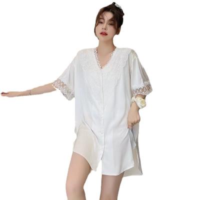 China New ice autumn and summer solid color antibacterial thin silk home clothes silk comfortable nightgown shirt for sale