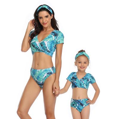 China European and American V-neck breathable short sleeve printed parent-child two-piece SWIMSUIT SET for sale