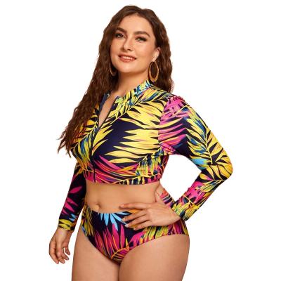 China European plus size women new long sleeved big swimsuit and American surfing sports split fat bikini woman swimsuit for sale