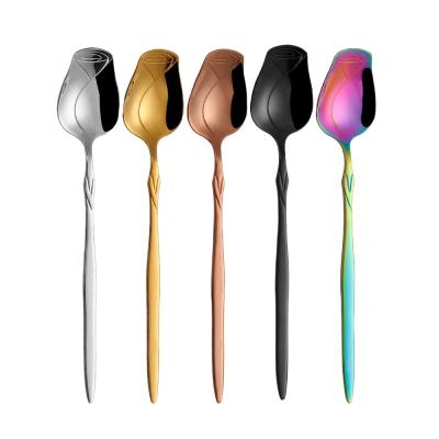 China Rose Shape Plated Dinnerware Wedding Spoon Knife Fork Stainless Steel Event Flatware Cutlery Stocked Salad Spoon for sale