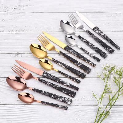 China Viable Korean Style Stainless Steel Flatware Knife Fork Spoon Handle Cutlery Plastic Marble Spoon Set for sale