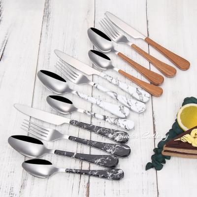 China Viable High Quality Wooden Plastic Silverware ABS Grain Handle Reusable Marbling Plastic Handle Set for sale