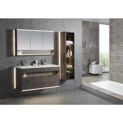 China Ojans Wall Hung Double Ceramic Sink Melamine Modern Environmental Waterproof Bathroom Cabinet Led Vanity With Boy Tall Column for sale