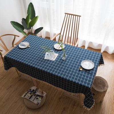 China Waterproof Cotton Table Cloth Linen Blue With Fringe Rectangular Table Cloth For Home Use for sale