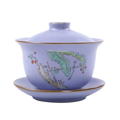 China Sustainable Blue Waves Pattern Gongfu Tea Cups Set Ceramic Lid And Bowl Sancai Gaiwan Golden Border for sale