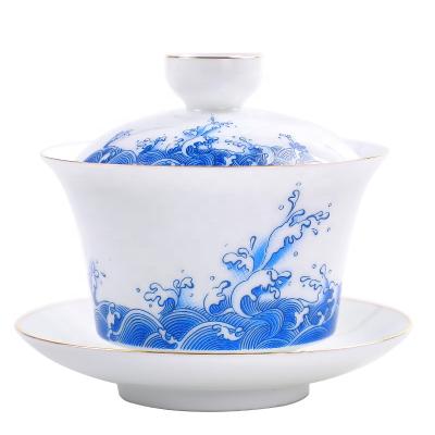 China Sustainable Blue Waves Pattern Gongfu Tea Cups Set Ceramic Lid And Bowl Sancai Gaiwan Golden Border for sale