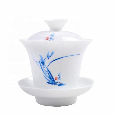 China Sustainable Red-crowned Crane Pattern Gongfu Tea Cups Set Ceramic Lid And Bowl Sancai Gaiwan Golden Border for sale