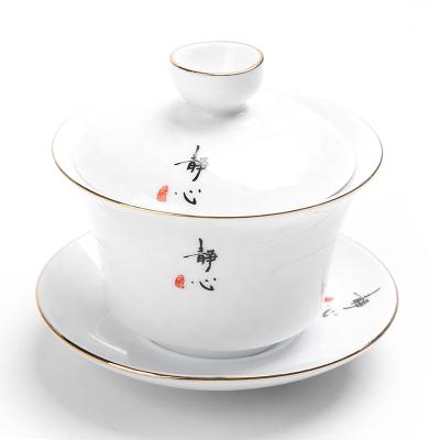 China Sustainable Gongfu Tea Cups Set Ceramic Lid And Bowl Sancai Gaiwan Golden Border for sale