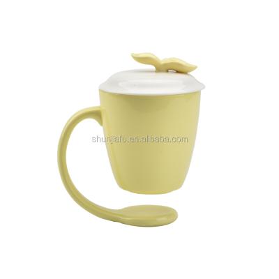 China Sustainable Home Decoration Yellow Color Custom Hanging Mugs Floating Ceramic Coffee Mug With Handle And Lid for sale