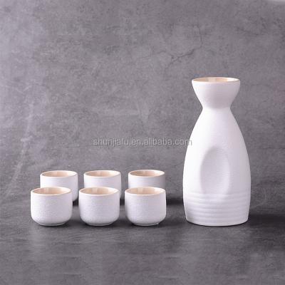 China Sustainable Wholesale OEM Sake Bottle And Six Cups Ceramic Japanese Wine Set for sale