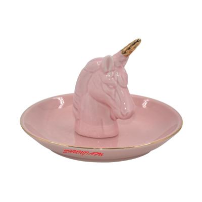 China Ceramic Dishes with Luster Animal Pink Unicorn Statues Main Design Tray Necklace Earrings Rings Jewelry Stored Ceramic Jewelry Holder for sale