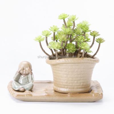 China Eco-friendly Small Monk Statue Hot Sale Mini Flower Small Pots Ceramic Statue Plant Artificial Succulent Pot for sale