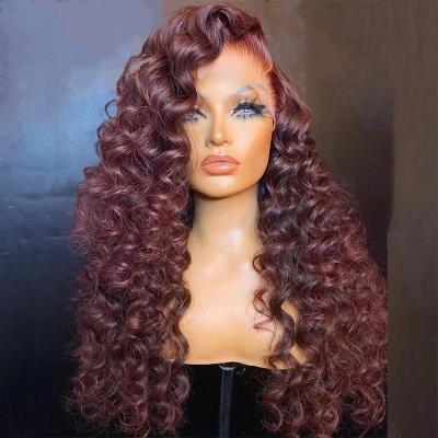 China Body Wave Hot Selling 100% Unprocessed Virgin Human Hair Deep Wave Ombre Wine Red Color Glueless HD Lace Front Wigs for sale