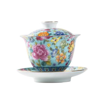 China Wholesale Flower Style Tea Cup Viable Chinese Ceramic Hand Painted Tableware Drinkware Tea Cup With Tray for sale