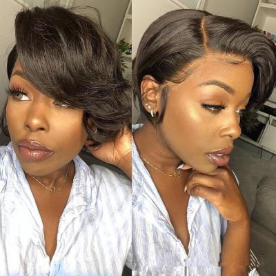 China Straight 4/27 knot lace 8Inch Full Lace Frontal Pixie Straight Bob Lace Frontal Pixie Curls Wig 13*4*1 Hd Transparent With Baby Hair for sale