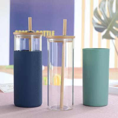 China Sustainable Quality Guaranteed Colorful Glass Sports Water Bottle With Bamboo Lid And Straw for sale