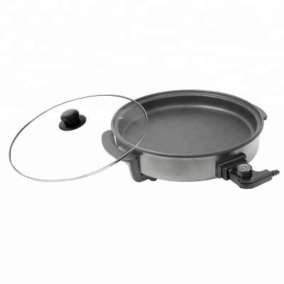 China Alumnium 38cm Thermostat Control Tempered Glass Lid Outdoor Adjustable Electric Pizza Pan Nonstick Cooking Electric Casserole for sale