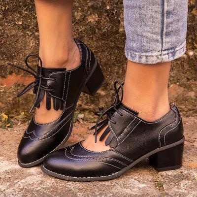 China 2021 New Light Shoes British Style Tassel Heel Single Thick Toe Leather Soft Round Toe Single Leather Shoes for sale