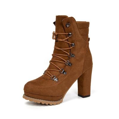 China 2021 autumn winter high heel waterproof rivet women's lace-up ankle boots 43 suede lady Sonia high heels for sale