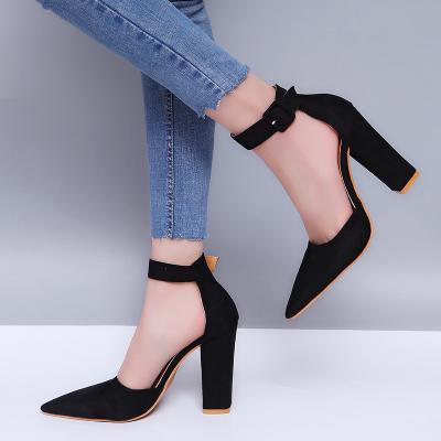 China Fashion trend women's thick heel high heels headed to buckle hollow single shoes ladies for sale