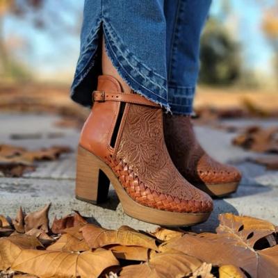 China China Factory Mexicanita Waterproof Sun Leather Boots Hand Tooled Women Heeled Ankle Boots for sale