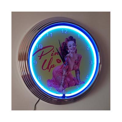 China Antique Neon Metal Neon Clock Chrome Frame Clock Glass Tube Style Neon Clock for sale