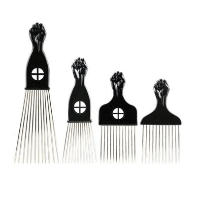 China Hair Comb Black Plastic Heat Resistant Salon Metal Fist Head Oil Stainless Steel Pins Comb Barber Popular Afro Combs Hair Pick C004 for sale