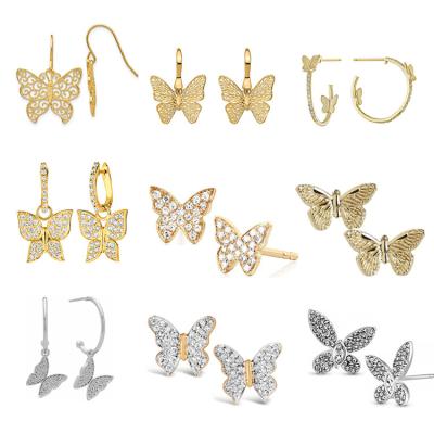 China Real Butterfly Durable High Quality Stud Jewelry Yellow Gold Plated 925 Sterling Silver Set Hanging Big Butterfly Dangle Circle Earrings for sale