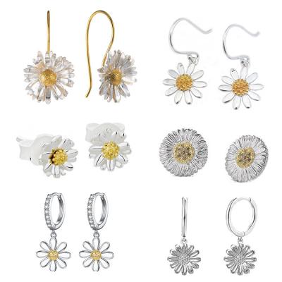 China Newest Fashion Cute Flower Daisy Jewelery 14K 18K Yellow Gold Plated 925 Silver White Girl Daisy Hoop Stud Earrings For for sale