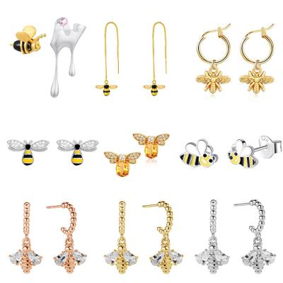 China Newest Fashion Honey Bee Stud Jewelry White Large 925 Sterling Bumble Bee Drop Earrings Long Lasting Gold Filled Gemstone Silver For Women for sale