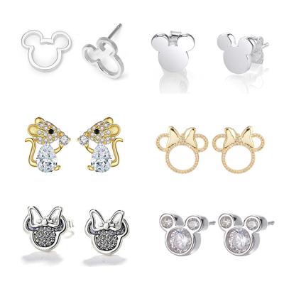 China White Gold Minnie Plated Mickey Mouse Zirconia 925 Sterling Silver Studs Earrings Cartoon Mouse Durable Luxurious Rhinestone Jewelry for sale