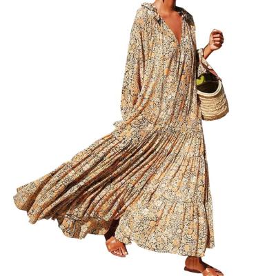 China 2021 Summer Spring/Sleeve Long V-Neckline Anti-wrinkle Printed Fashion Bohemian Floral Casual Dress for sale