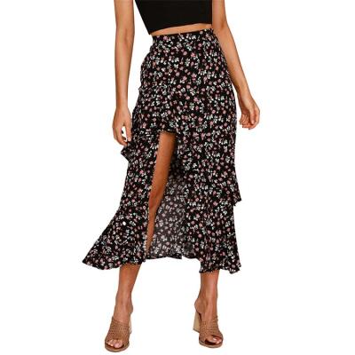 China Boho Chic Women Floral Print Long Skirt Breathable Dress High Low Side Split Ruffle Edge Elastic Waist Swing Maxi Dresses for sale