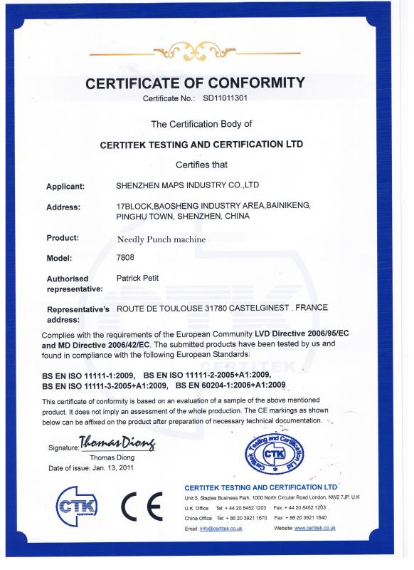 Certificate of Conformity - Shenzhen Maps Industry Co., Ltd