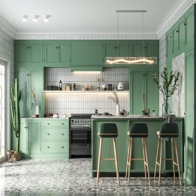 China Solid Wood One Stop Customization Luxury European style Green Shaker PVC Modern Designs Kitchen Cabinet Sets for sale