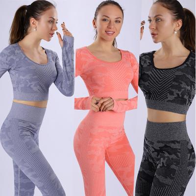 China High quality breathable women camouflage crack! crack! Butt Gym Yoga Long Sleeve Shirts Camouflage Yoga Wear Sets Leggings Seamless Set for sale