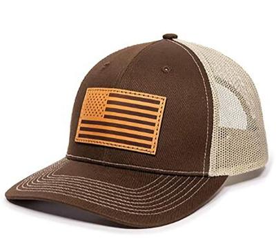 China Brown Custom Logo Soft Mesh Leather Patch Trucker Cap Usa Usa Products gorras k men's brown hat cap hats caps with patch for men for sale