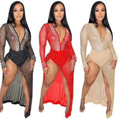 China 2022 Summer Anti-Static Rhinestone Crystal Mesh Long Sleeve Nightclub Floor Length Red Prom Dresses Sexy Long Party Women High Split Dress for sale