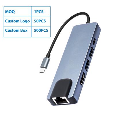 China Aluminum-magnesium alloy manufacturers provide 5 in 1 expansion usb c hub dock station USB3.0 *1 + USB2.0 *1 + HTV 4K 30Hz *1 + USB-C PD+ RJ45 100 for sale