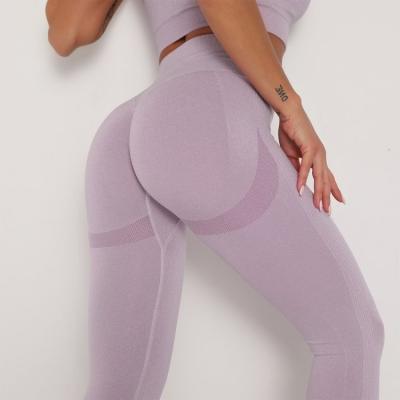 China Women Fitness Straight Pants Cutout Front Seamless Side Ribbed Stripes Stretch Cuffs Band Smiley Sweat Pants Purple Elastic for sale