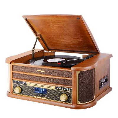 China FM Braid Anternna Classic Wooden DAB 6-in-1 Nostalgic Turntable Vinyl Player with CD Player/USB/SD Record/AUX Input/Cassette for sale