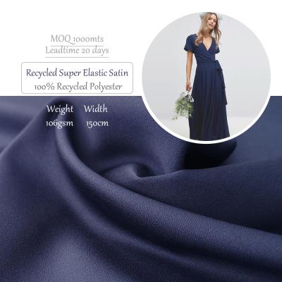 China Sustainable Recycled Plain Dyed Polyester Satin Super Elastic Fabric For Dress And Suit Shirt for sale