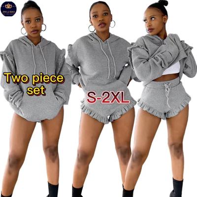 China Breathable Product Ideas New 2022 Spring Short Sets Solid Ruffles Two 2 Piece Shorts Set Hooded Women Sweatshirt for sale