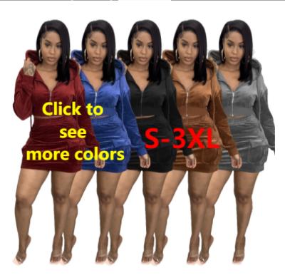 China Spring 2022 fashion women breathable clothing cropped hoodies 2 piece velvet skirt set for sale