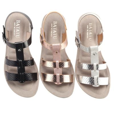 China Breathable For Women's Sandals Summer Flat Snakeskin Fashion Metallic Shiny Upper Shoes for sale