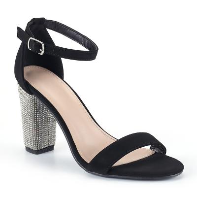 China Fashion Trend Rhinestone Black Heels For Women Adjustable Sexy Back Ankle Strap Brand Ladies for sale