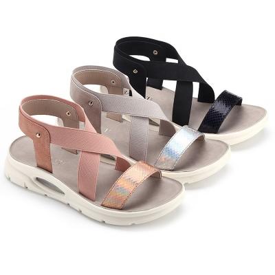 China Women Anti-slip Injection Shoes PU Toe Wedge Heel Elastic Band Ankle Strap Summer Beach Cross Open Sandals for sale