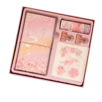 China Cute Cherry Pink Notebook 2021 Limit Notebook Sakura Stationery Set With Stick Notes Ribbon Book Holder For School Girls Kids for sale